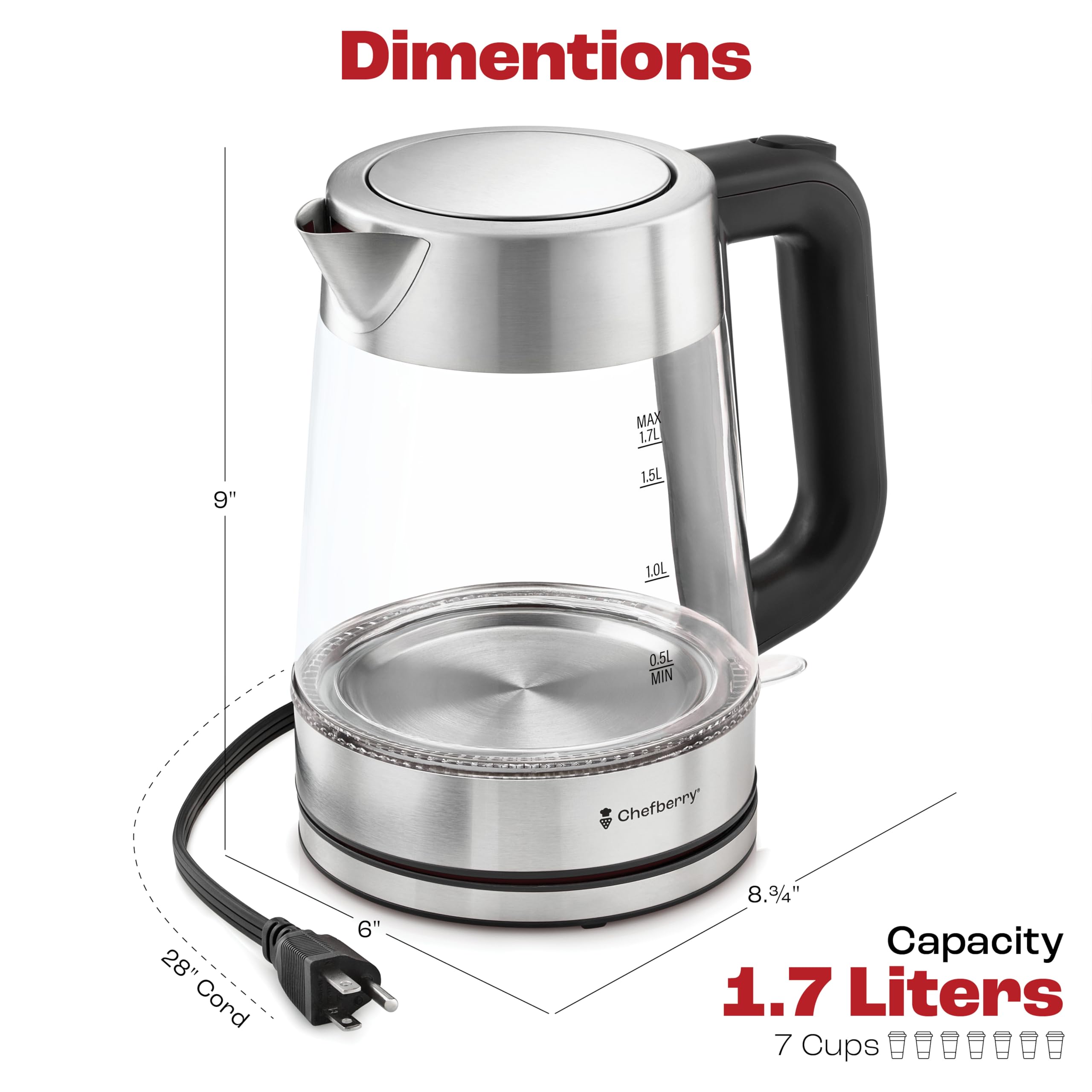 Electric Kettle for Boiling Hot Tea & Water | 1.7L Stainless Steel Borosilicate Glass Boiler With No Plastic, Automatic Shutoff, BPA Free, Fast Heating Technology (Black)
