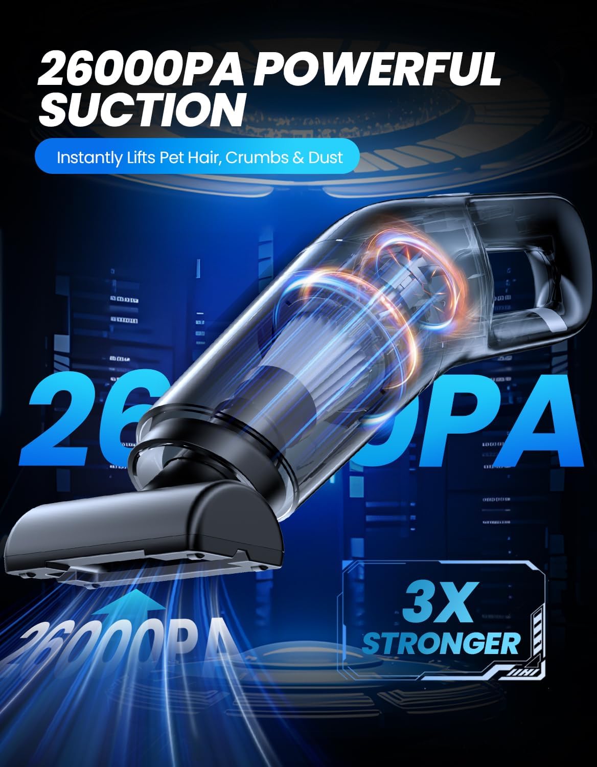 Skiennix Handheld Vacuum - Cordless 26,000 Pa Suction Power | Portable Rechargeable for Home & Car, Black
