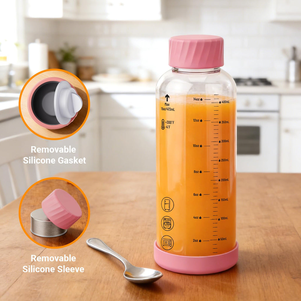 Luxfuel Glass Juice Bottles with Lids 12oz, 6 Pack – Borosilicate Glass Bottles for Juicing, Smoothies, Water & Beverage Storage, Stainless Steel Lids, Reusable, Leakproof, Heat-Resistant, BPA-Free