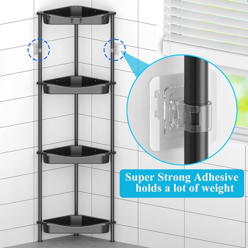 HuggieGems Corner Shower Caddy Organizer - 4 Tier Floor Standing Shelf with Hooks | Jet Black