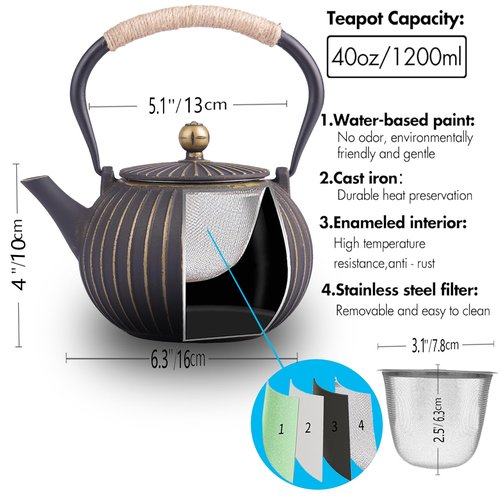 Cast Iron Teapot - Japanese Tetsubin 34oz (1000ml) Enamel Coated Interior with Removable Stainless Steel Infuser, Stovetop Safe Tea Kettle for Tea Ceremony, Black Gold