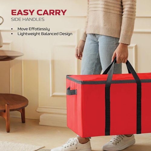 Christmas Ornament Storage Box - Large 128 Capacity with Adjustable Dividers & Dual Zipper | Stackable Red Fabric Organizer