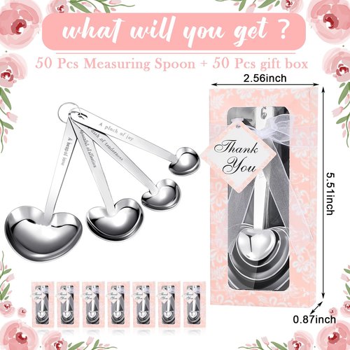 Yinder 50 Set Heart Shaped Measuring Spoons Wedding Favors for Guests Measuring Spoon Favors Gift with Gift Box and Thank You Card for Wedding Bridal Shower Baby Shower Birthday Souvenirs(Pink)