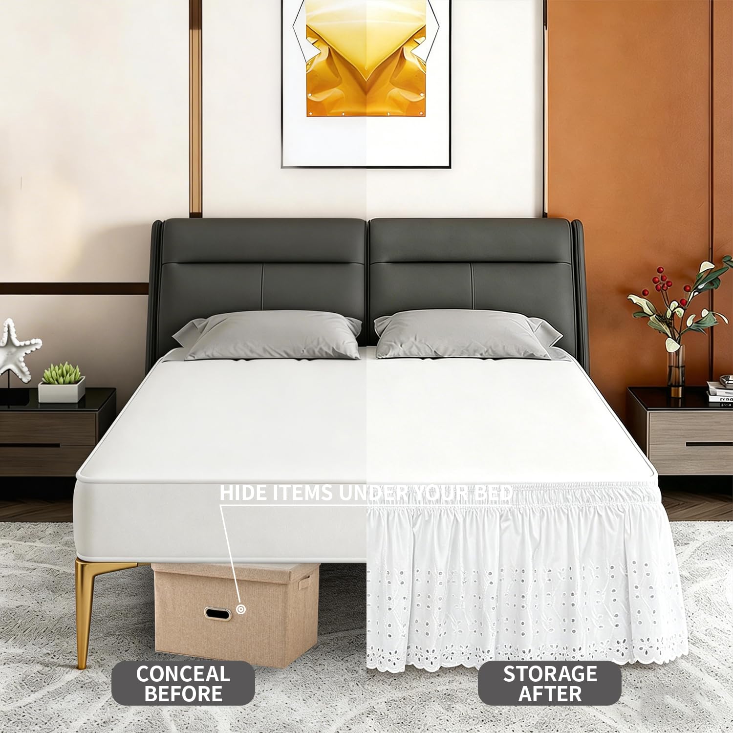 ANARACHON Queen Bed Skirt, Wrap-Around Elastic Ruffled Eyelet Bed Skirt Queen Size Dust Ruffle with Gathered Styling and Embroidered Details, 18" Drop Length (White)