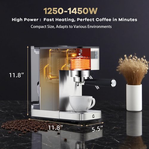 GarveeHome Compact 20 Bar Espresso Machine–Stainless Steel, Steam Milk Frother, Removable Tank for Cappuccino/Latte,(Silver)