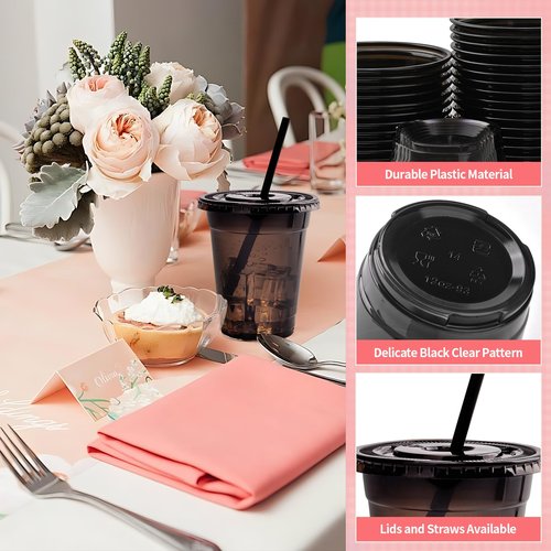 Yicentdp 100 Set Black Plastic Cups with Lids and Straws 12 oz Disposable Drinking Clear Cups for Wedding Black Birthday Party Supplies