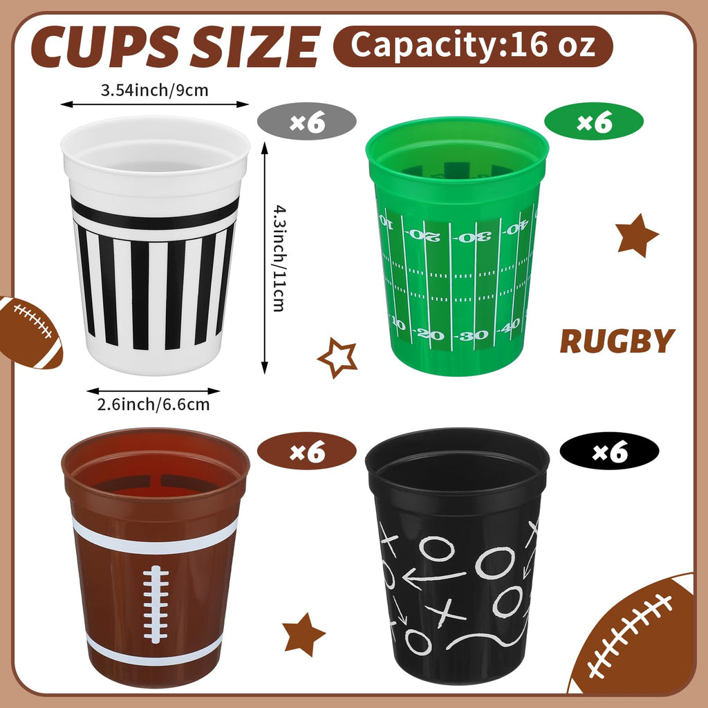 Tioncy 24 Pack Football Plastic Cups 16 oz Football Theme Reusable Cups 4 Designs Plastic Drinking Glass Bulk Assorted Sports Rugby Party Supply Drinkware for Coffee Beer Cream Snacks