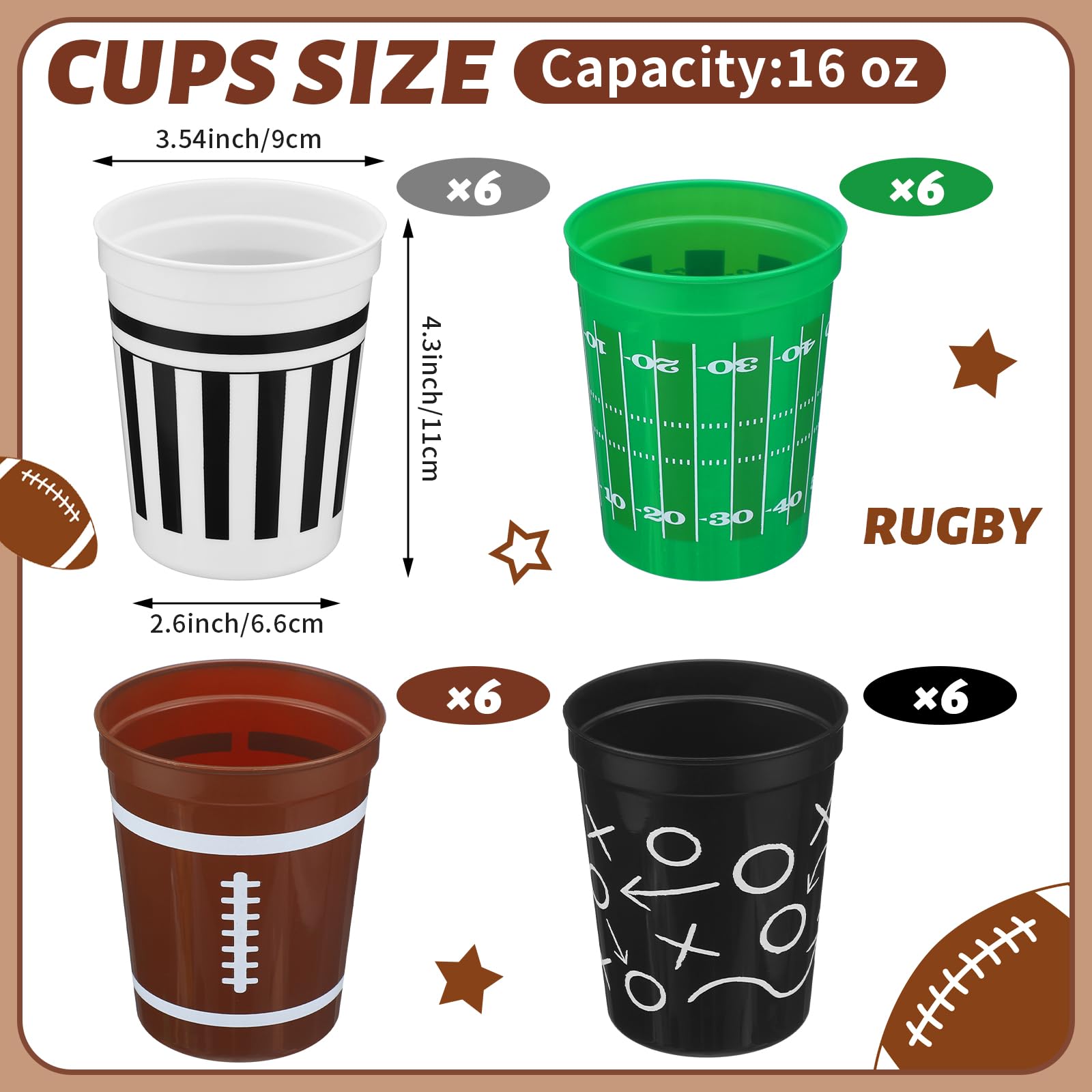 Tioncy 24 Pack Football Plastic Cups 16 oz Football Theme Reusable Cups 4 Designs Plastic Drinking Glass Bulk Assorted Sports Rugby Party Supply Drinkware for Coffee Beer Cream Snacks