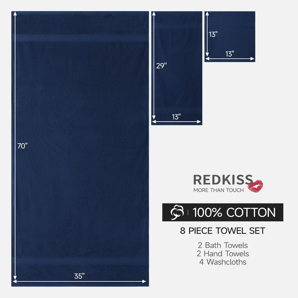 REDKISS Luxury Bath Towel Set - 8 Piece 100% Cotton Quick-Dry Towels for Spa & Gym | Blue