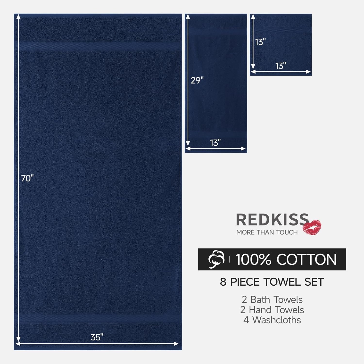 REDKISS Luxury Bath Towel Set - 8 Piece 100% Cotton Quick-Dry Towels for Spa & Gym | Blue