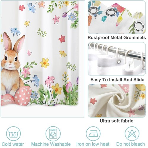 Baccessor Easter Bunnies Eggs Shower Curtain,Cute Rabbits Spring Flowers Shower Curtain Bathroom Bath Home Decor Waterproof Polyester Fabric with Hooks 72 W x72 H Inch