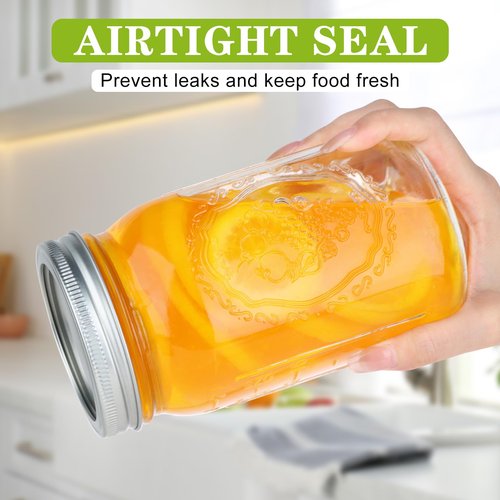 HWASHIN Wide Mouth Mason Jars 32 oz, 6 Pack Quart Canning Jars with Airtight Lids and Bands, Clear Glass Mason Jars for Canning, Pickling, Preserving, Meal Prep