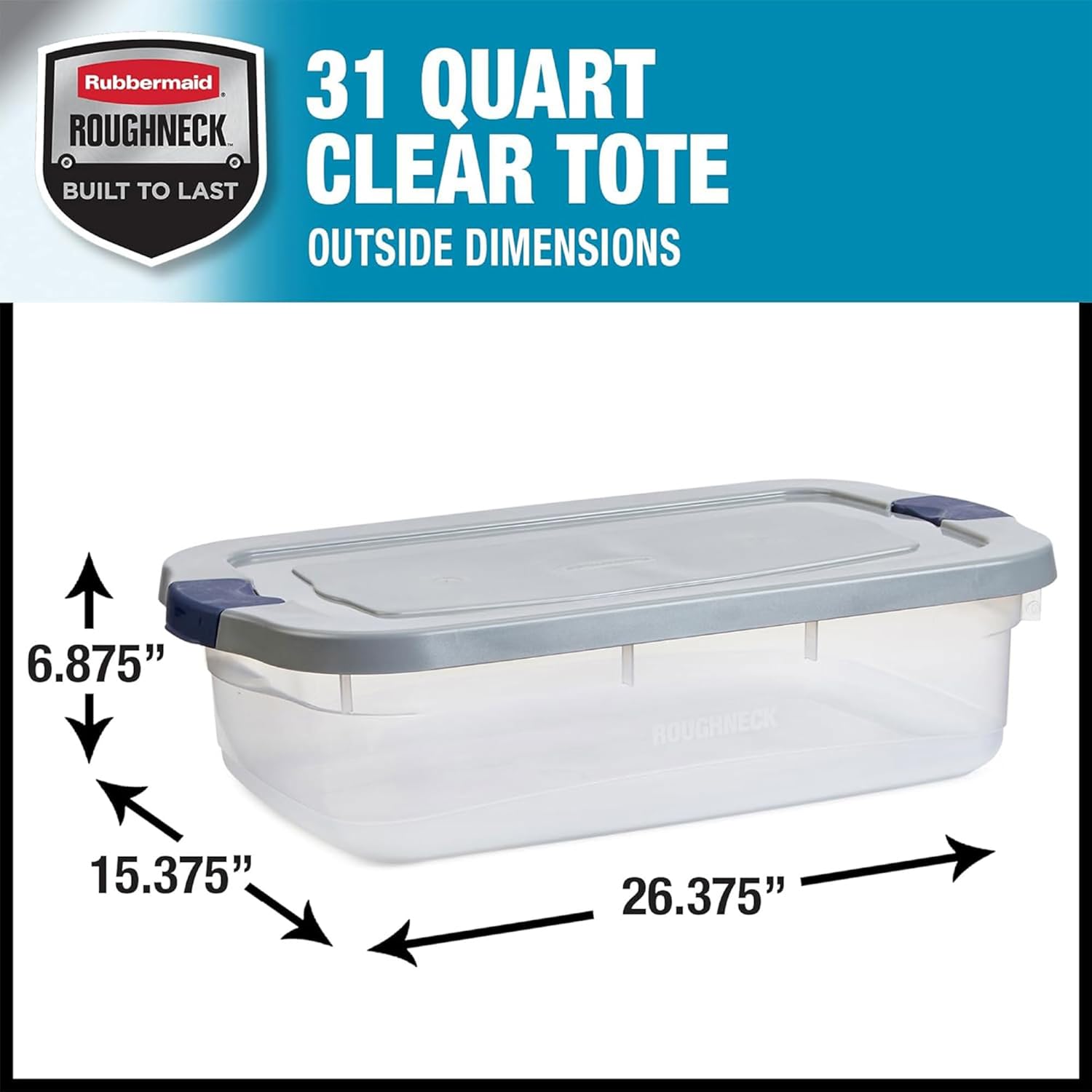 Rubbermaid Roughneck 31 Qt Storage Containers - Pack of 6 with Snap-Fit Grey Lids | Sturdy & Stackable