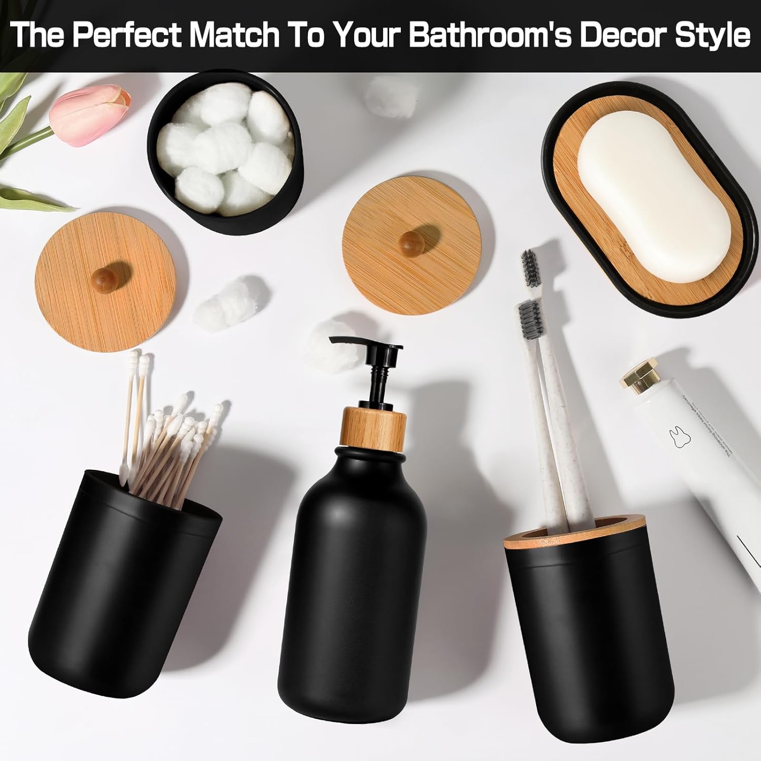 Matte Black Bathroom Accessories Set by [Brand Name] - 5-Piece Plastic Set with Soap Dispenser, Toothbrush Holder & More
