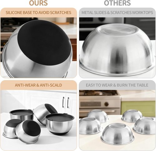 Deedro Premium Mixing Bowls Set - 22 Pcs Thicker Stainless Steel with Airtight Lids | Non-Slip Silicone Base, Black