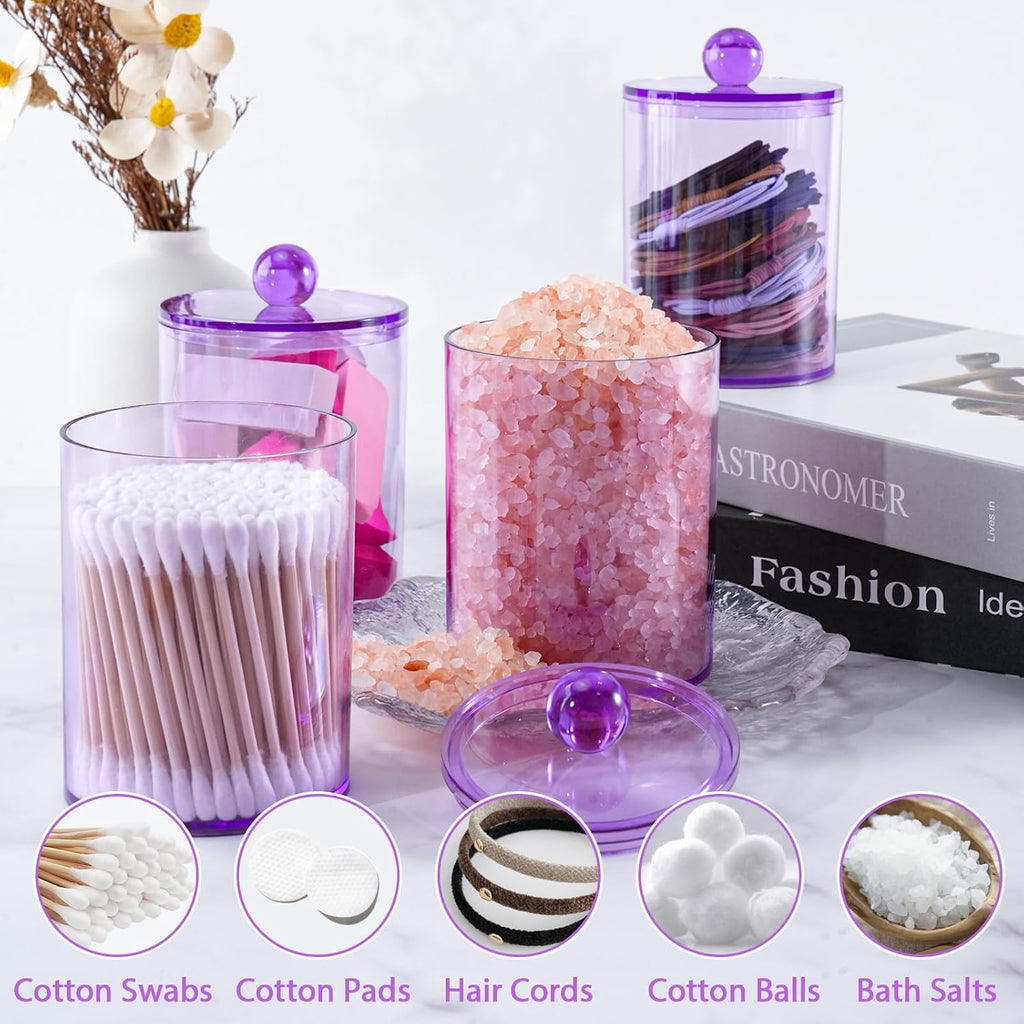 XIPENGKEJI Qtip Holder Set - 6 Pack Apothecary Jars with Lids for Cotton Swabs & Pads | 10oz-12oz Purple