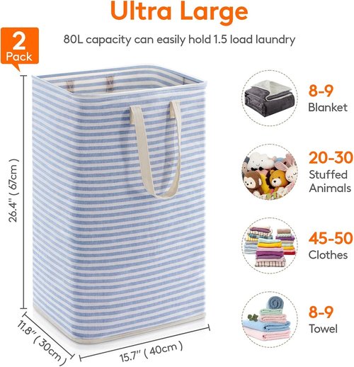 Lifewit Collapsible Laundry Basket - 80L Each, Waterproof Hamper with Reinforced Handles | Grey & Blue