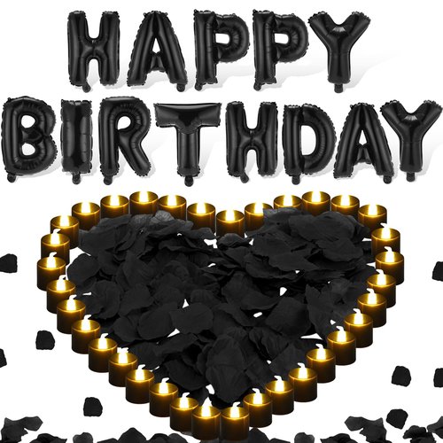 Charnoel Black Happy Birthday Balloons Decorations Happy Birthday Letter Balloons Banner Set with 24pcs Round Flameless LED Candles and 2000pcs Artificial Rose Petals for Women Men Room Party Decor