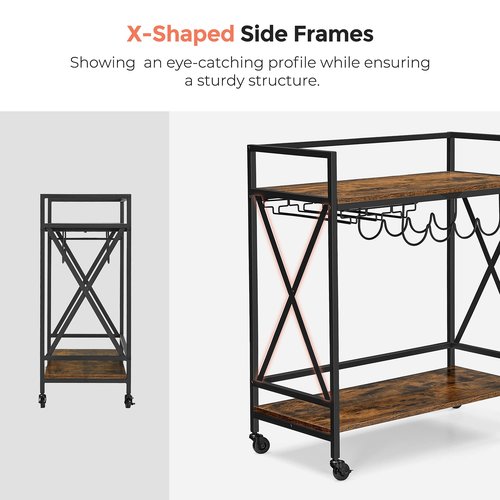 VASAGLE Bar Cart, Serving Cart, Mobile Kitchen Shelf with Glass Stemware Rack and Wine Bottle Holders, Industrial, Rustic Brown and Black ULRC088B01