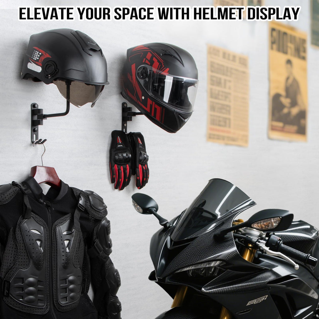 PUERSI Helmet Holder Wall Mount - 2 Pack 180° Rotation Helmet Hanger for Motorcycle Bike Racing Outerwear Sports Gear Display Motorcycle Accessories