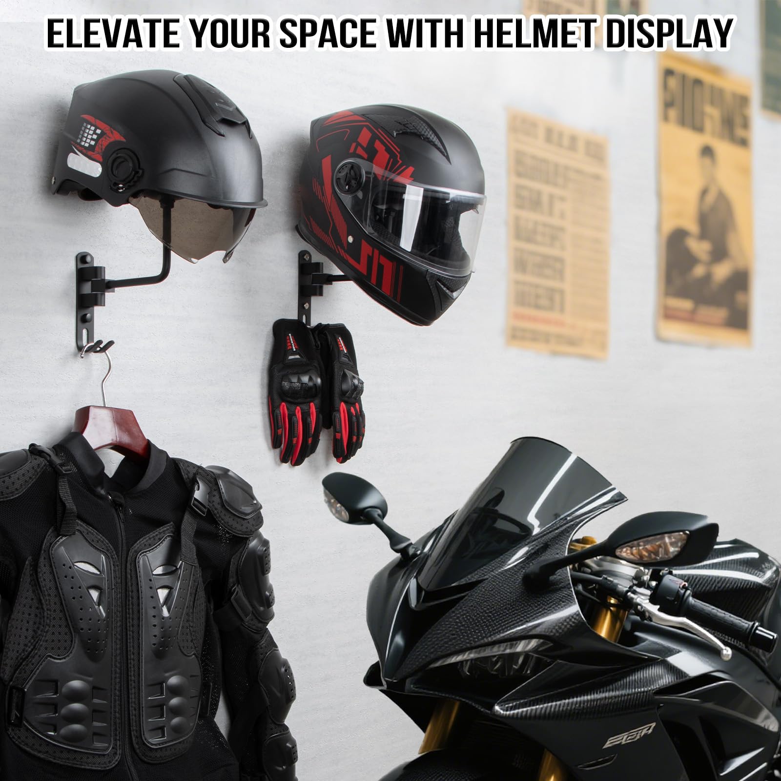 PUERSI Helmet Holder Wall Mount - 2 Pack 180° Rotation Helmet Hanger for Motorcycle Bike Racing Outerwear Sports Gear Display Motorcycle Accessories