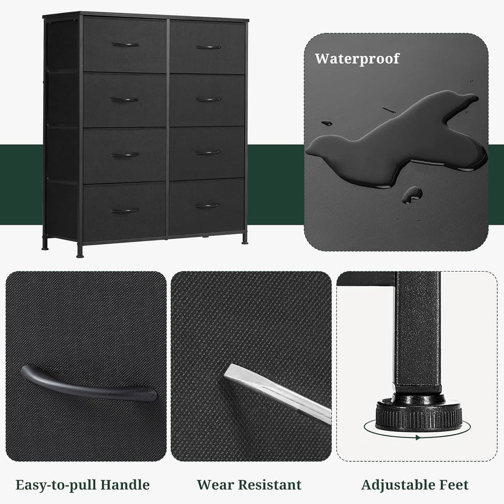 Skiennix 8-Drawer Dresser - Anti-Tip Tall Storage Organizer with Wooden Top & Metal Frame - Black