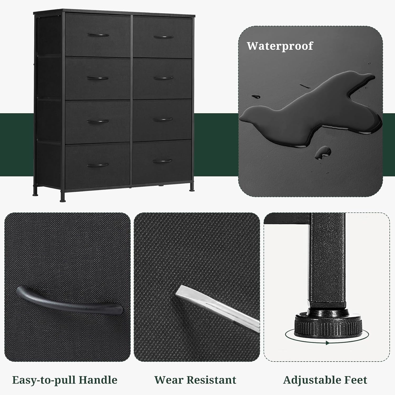 Skiennix 8-Drawer Dresser - Anti-Tip Tall Storage Organizer with Wooden Top & Metal Frame - Black