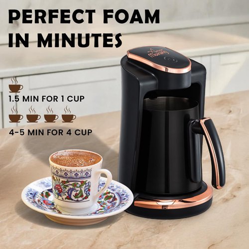 Any Morning Turkish & Greek Coffee Maker-Machine, 1 to 4 Cups Capacity, 100% BPA Free, 400W Electric Coffee Pot with Cook Sense Technology, Anti-Spill Design, Authentic Foamy Brew, Black