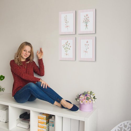JINYO Floral Canvas Wall Art Set - Coquette Pink Bow Design | Framed 8x10 Inch Decor for Girls' Room