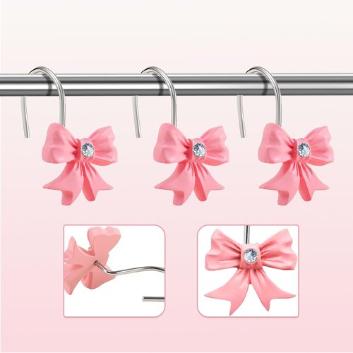 Pink Bow Shower Curtain Hooks with Shining Diamond, Cute Bathroom Decor, Set of 12 Girly Decorative Bowknot Rings, Heavy Duty, Anti Corrosion