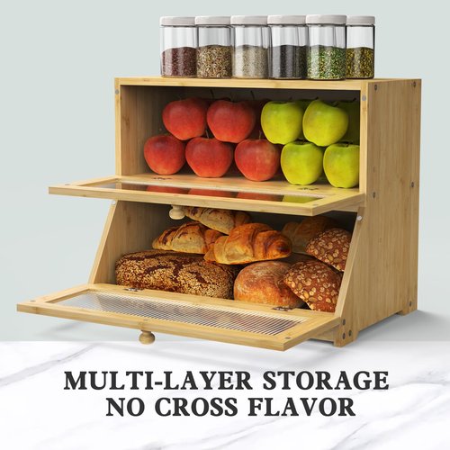 LOHASOK Bamboo Bread Box for Kitchen Countertop, Double Layer Large Bread Storage Container for Homemade Bread with Window & Lid, Bread Keeper Holder,Wood Color