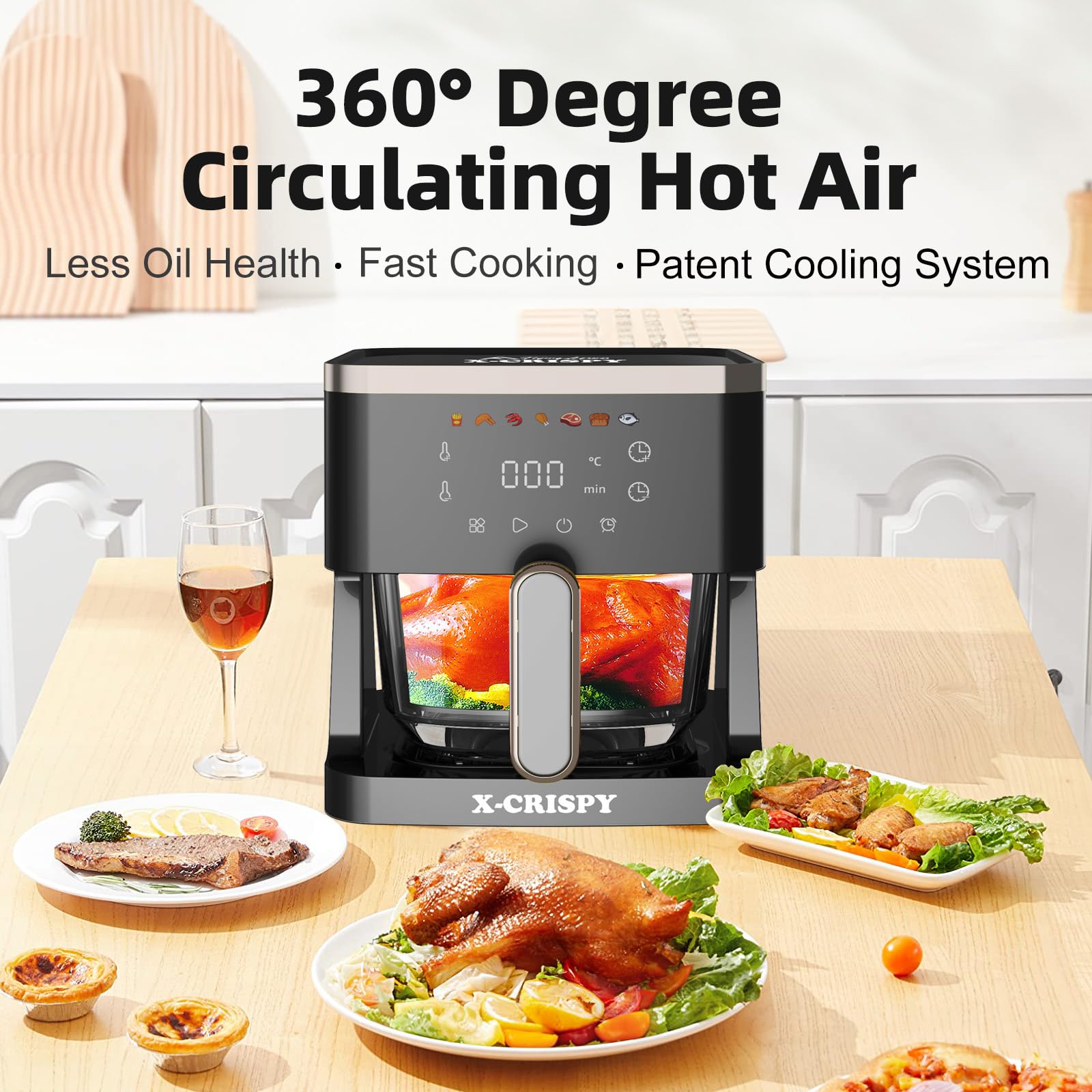APSARAS USA Air Fryer Glass, 5.2QT Convection Oven Glass Air Fryer Non Toxic, Transparent Fry Bowl | Cook Shrimp, Steak, Fries, Wings, Chicken & More | Precise Temperature Control & Time