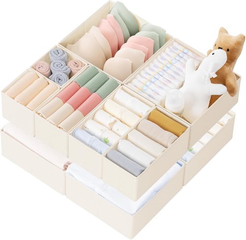 Criusia Drawer Organizer - 10 Pack Dresser Storage Bins for Baby Clothes & Underwear | Foldable Beige Design