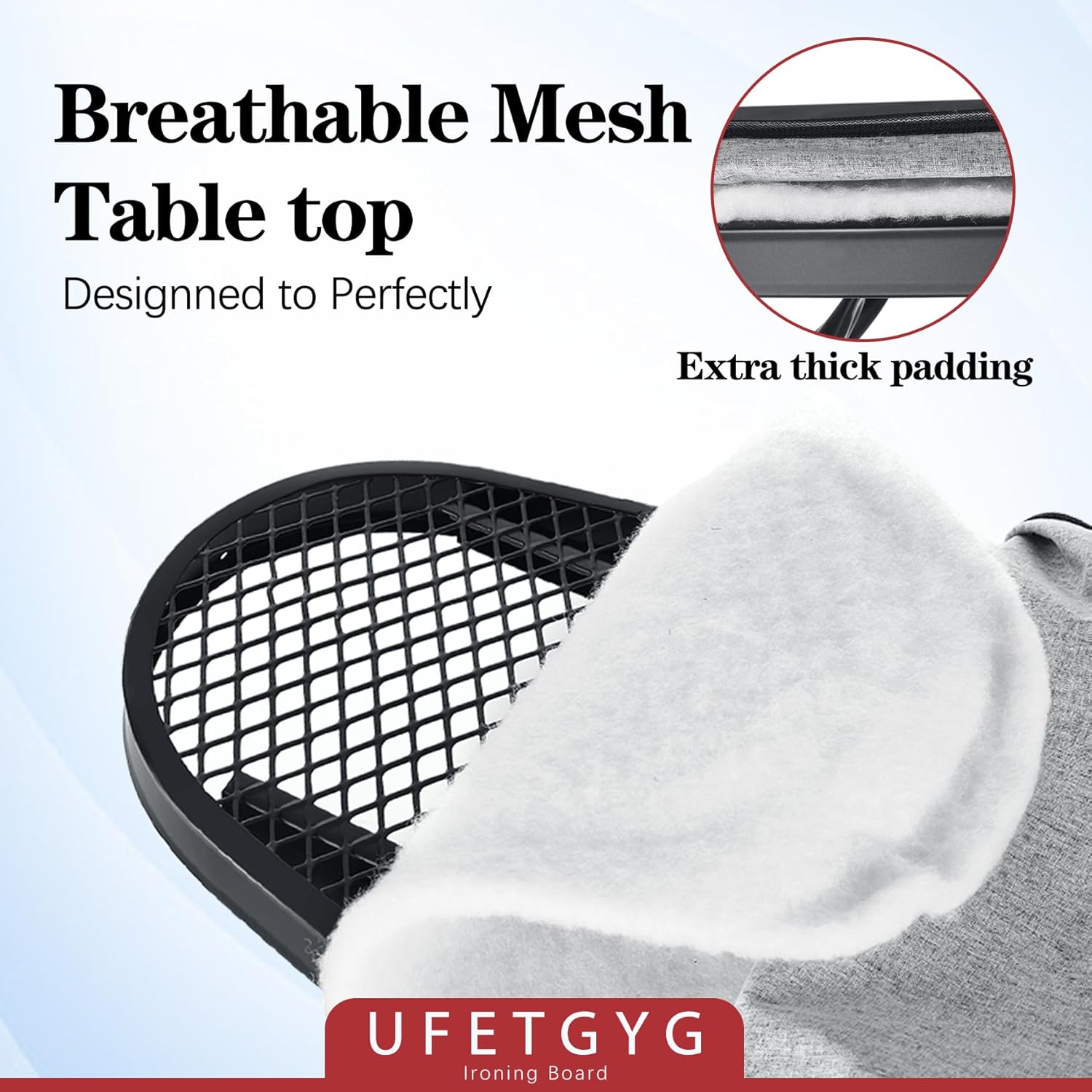 UFETGYG Ironing Board - Height Adjustable Metal Panel | 43" x 13" | Heat Resistant Fabric & Iron Rest