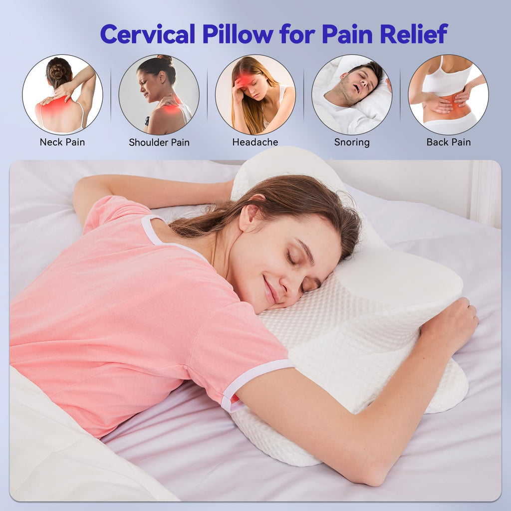 Deason Cervical Neck Pillow for Sleeping, Ergonomic Memory Foam Pillow for Neck Pain Relief, Adjustable Height Bed Pillow for Side & Back Sleepers, Ice Silk Breathable Cover, White