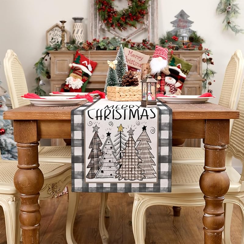 Table Runner 13x72 Inches - Merry Christmas Buffalo Plaid, Yellow