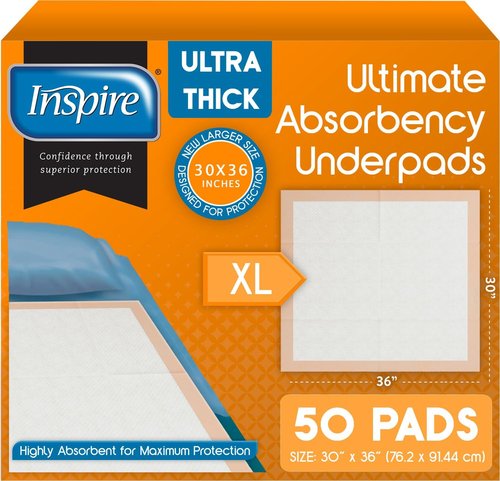 Inspire XL Super Absorbent Bed Pads - Ultra Thick 30 x 36 | Disposable Underpads for Incontinence (50 Count)