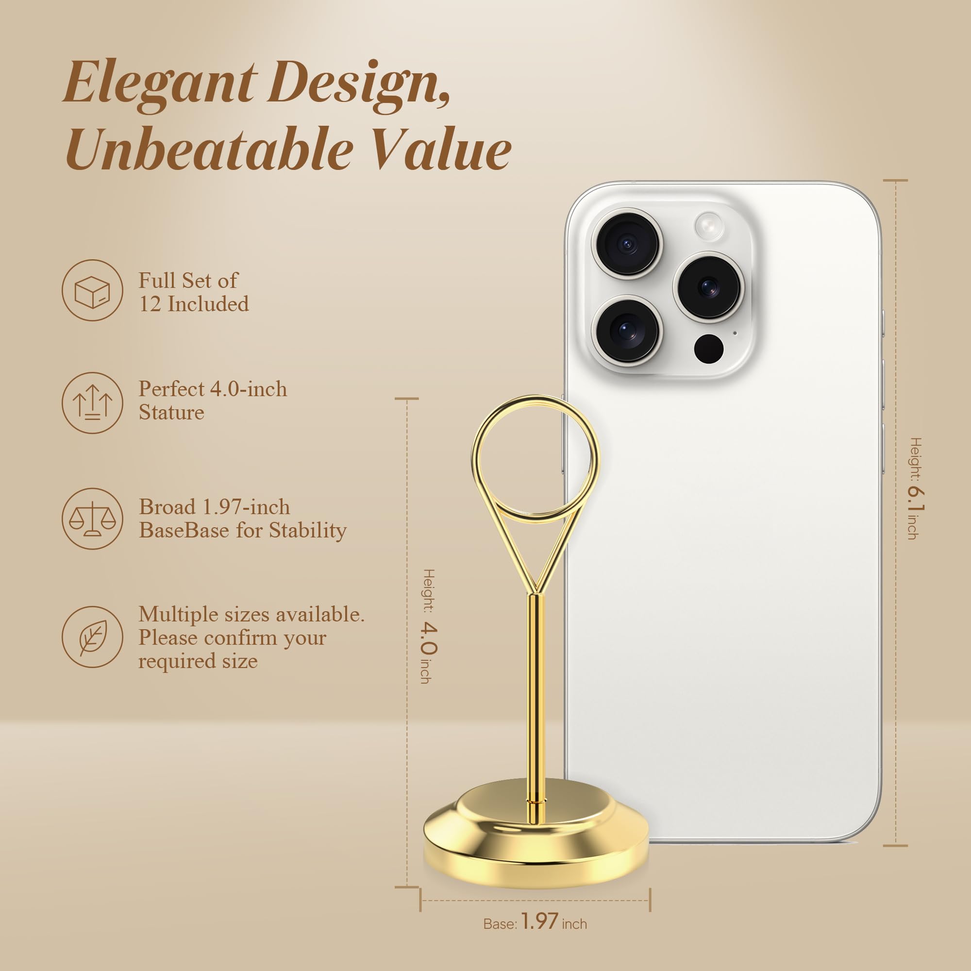 Radezon 12 Pcs Gold Table Number Holders, 4 Inch Tall Place Card Holders for Table, Sturdy Photo Picture Holders with Anti-Tip Base for Wedding Reception, Party, and Event Centerpiece