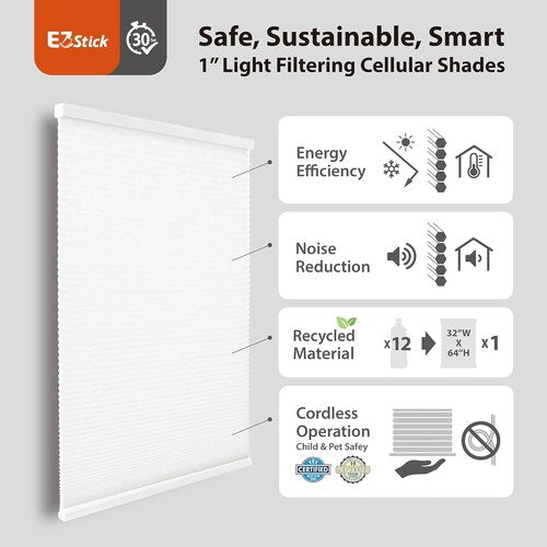 DEZ FURNISHINGS Cellular Shade - Cordless Light Filtering Design | 26" W x 48" H, White