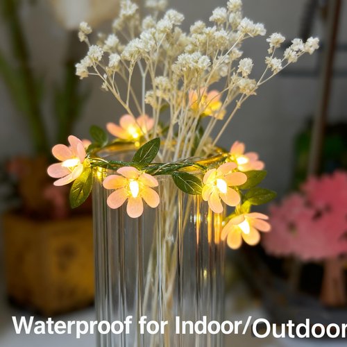 YEAMAR Pink Flower String Lights Tiny Leaf Ivy String Lights 9FT with 30 Flower Lights Battery Powered Waterproof Pink Fairy Lights for Outdoor Garden,Wedding Bedroom Party Wall Décor (8 Mode)