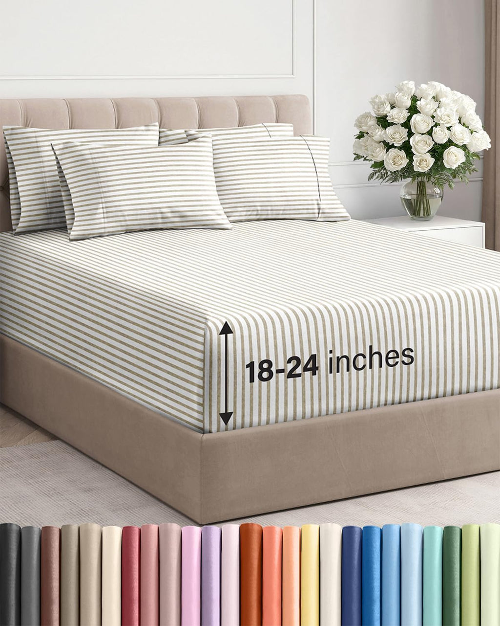 Skiennix Extra Deep Queen Sheet Set | 6-Piece Breathable Cooling Bedding - Soft, Wrinkle-Free, Beige Stripes