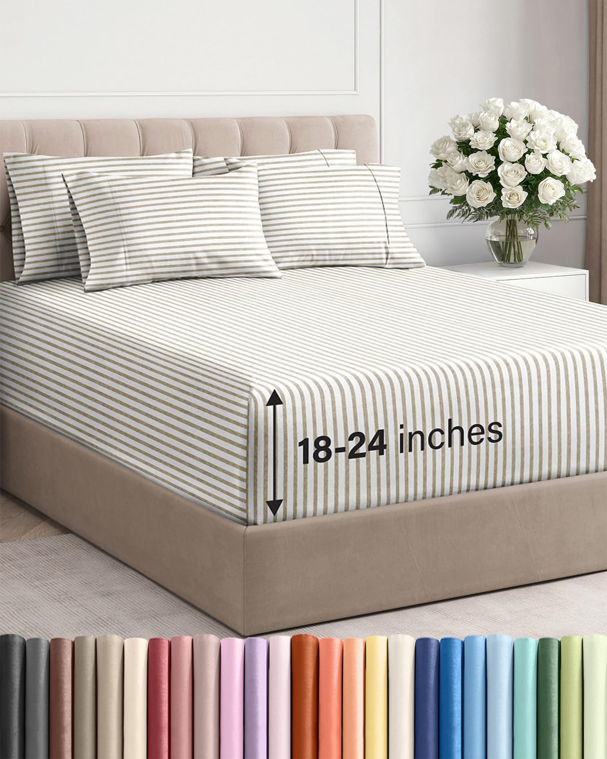 Skiennix Extra Deep Queen Sheet Set | 6-Piece Breathable Cooling Bedding - Soft, Wrinkle-Free, Beige Stripes