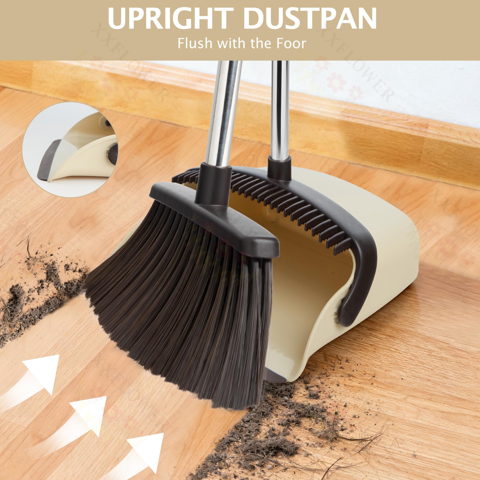 XXFLOWER Broom and Dustpan Set with Long Handle, Heavy Dust Broom and Dustpan Combo for Home，Kitchen, Office, Pet Hair(Beige)