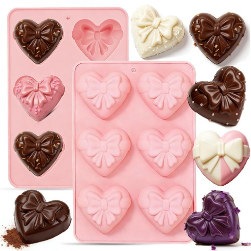 2PCS Heart Shaped Silicone Molds with Bows, Non-Stick Baking Molds for Chocolate, Candy, Gummy, Ice Cubes, Soap, Mousse & Candles