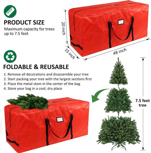 HABGP Christmas Tree Storage Bag - 7.5 ft Waterproof Zippered Bag with Carry Handles | Durable Red Design