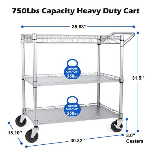 WDT Heavy Duty 3 Tier Utility Cart,Wire Rolling Carts with Wheels, Commercial Grade Service Cart with Shelving Liners and Handle Bar Metal Carts for Kitchen Office Hardware (750LBS Capacity Silver)