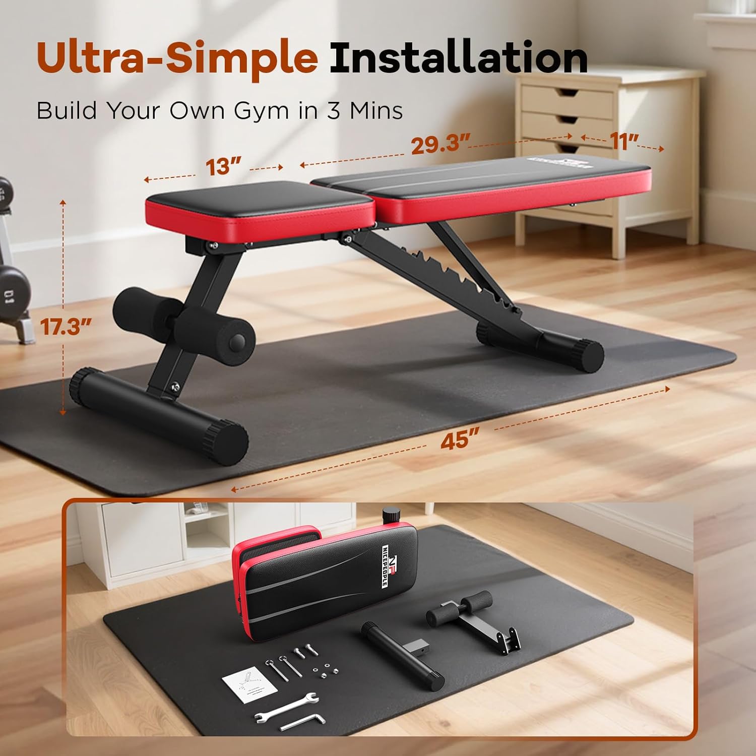 NICEPEOPLE Adjustable Weight Bench - 660LBS Capacity | Compact & Foldable Home Gym Bench for Strength Training