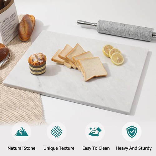 Soulscrafts Marble Stone Cutting Board For Kitchen, 20x16 Inch Oriental White Large Marble Pastry Board With Non-Slip Feet For Baking, Cheese, Charcuterie, Chocolate