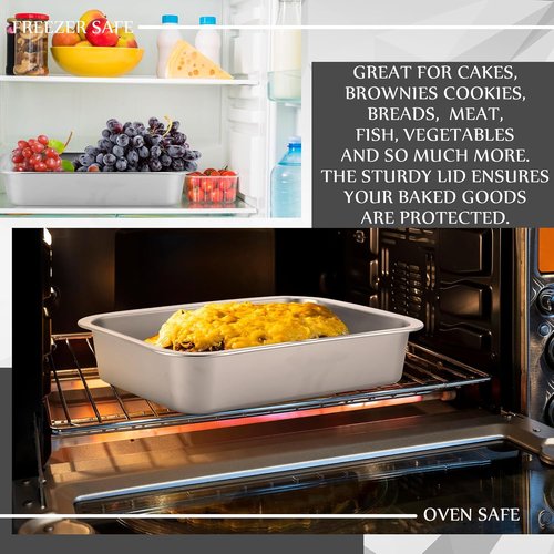 Funnymoom Deep Lasagna Baking Pan Set - 11 x 14.2 Inch Nonstick Stainless Steel with Lids | 5.3 Qt Capacity