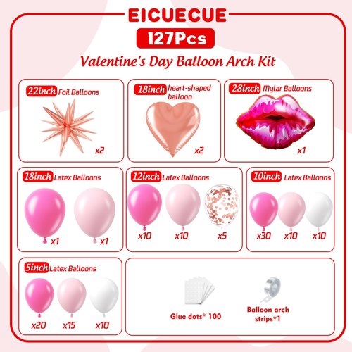 EICUECUE Valentines Day Balloons Garland Arch Kit - 127Pcs Different Size Hot Pink and Pink with Heart Foil, Lip Foil Balloon for Valentine's Day Galentine's Day Anniversary Prom Party Decorations